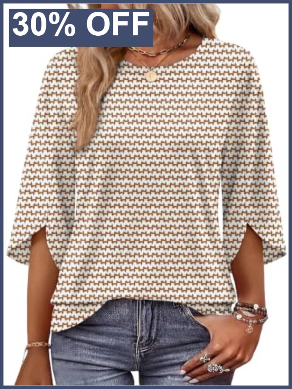 Womens 3/4 Sleeve Blouse Crew Neck Petal Sleeve Dressy Casual Top